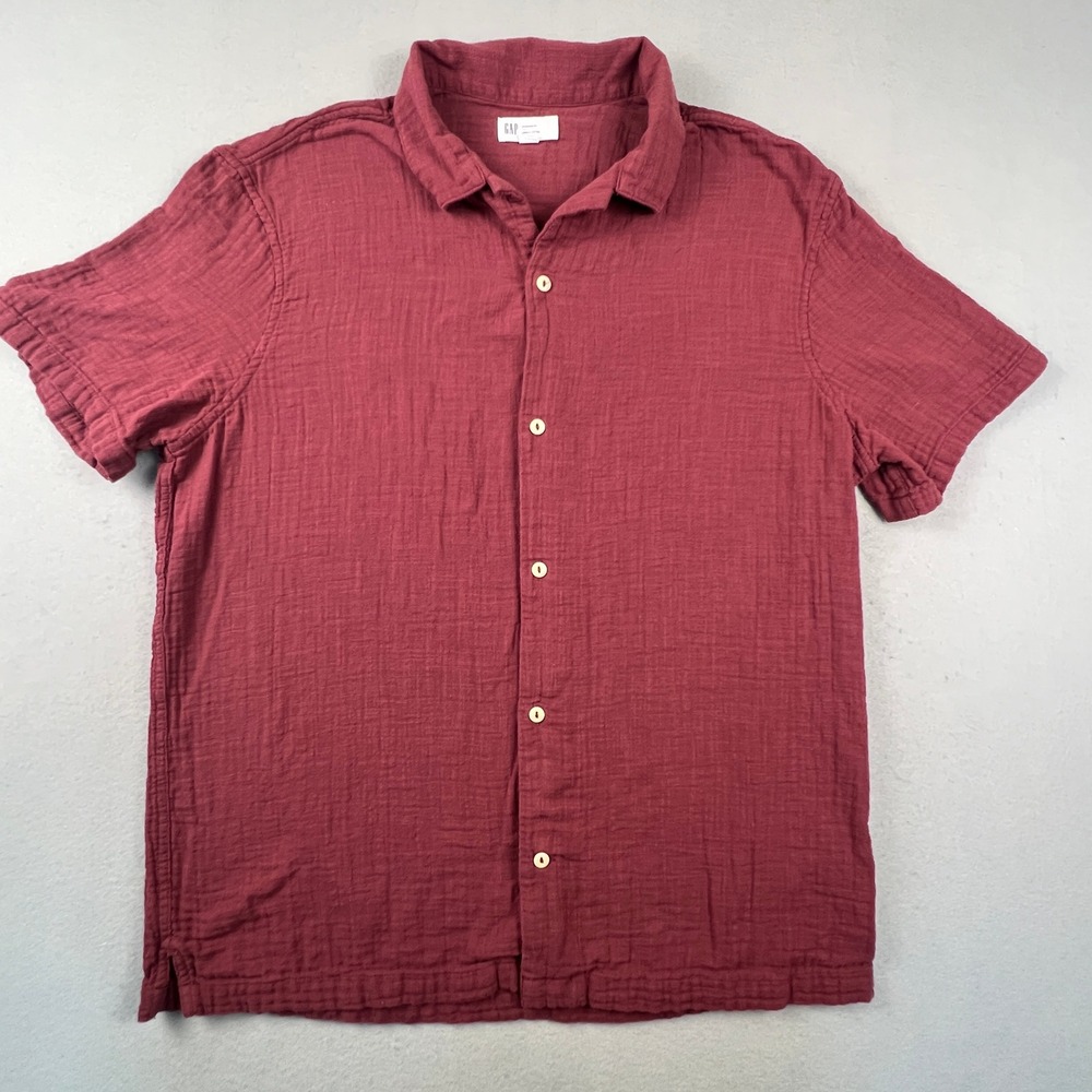 Gap Crinkle Cotton Shirt‎ Mens Large Burgundy Short Sleeve Button Down Casual L